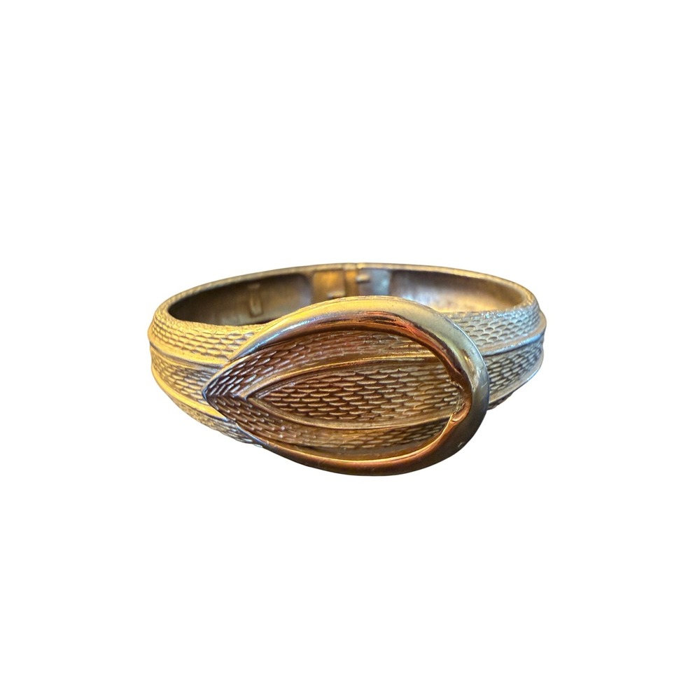 Vintage Gold Tone Textured Metal Bypass Hinge Bangle Bracelet Retro 80s Glam